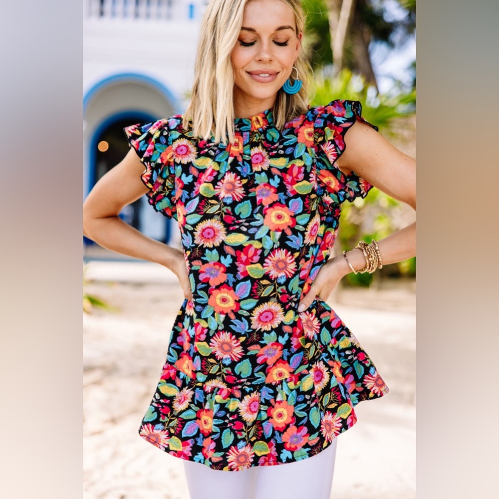 Jodifl Vibrant Floral Peplum Ruffle Flutter Sleeve Blouses Small